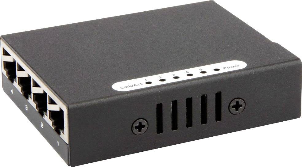 Un switch di rete nero con cinque porte Ethernet e indicatori LED sulla parte superiore per mostrare lo stato della connessione.