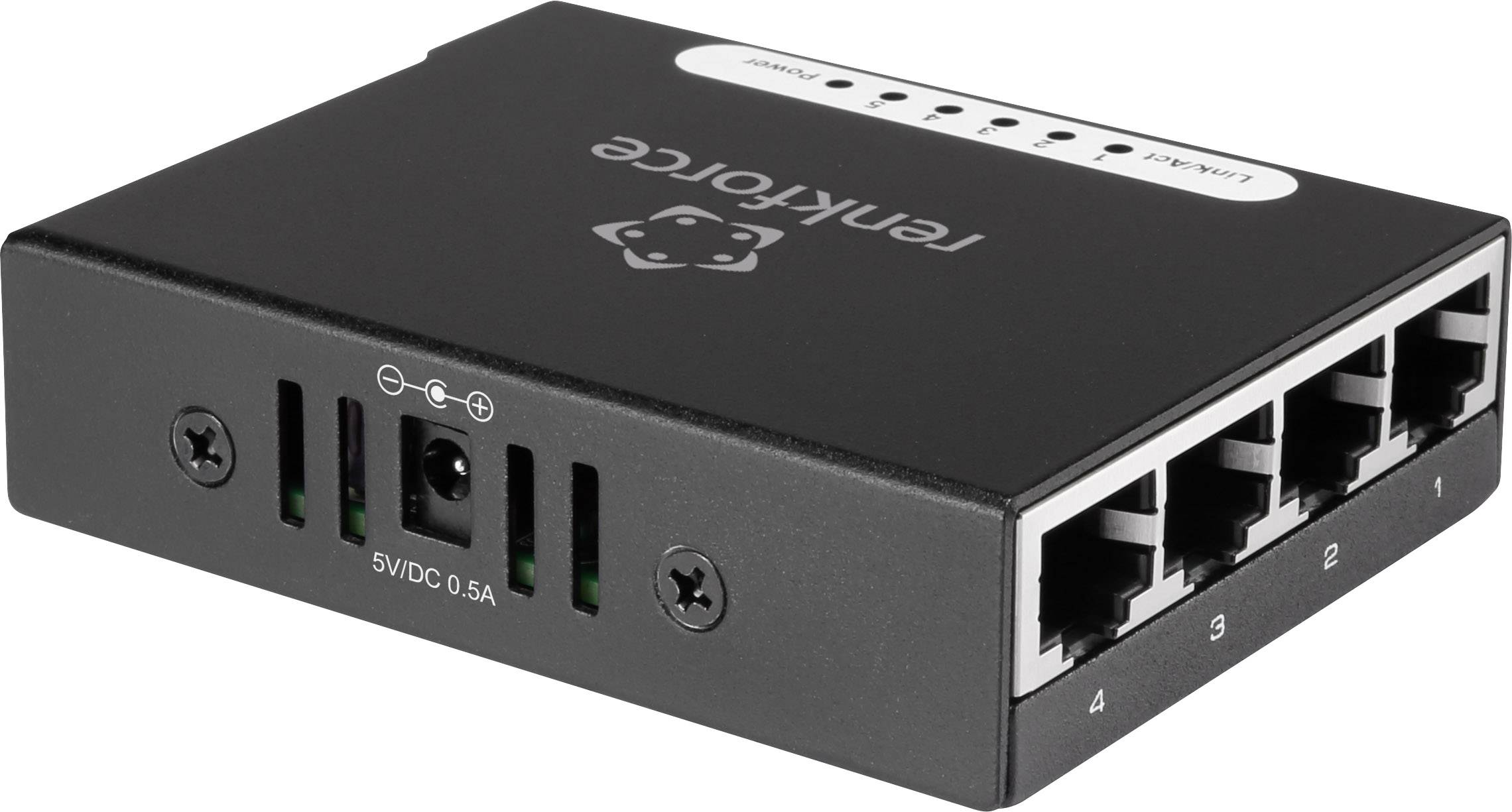 Switch di rete nero con cinque porte Ethernet e connessione di alimentazione.