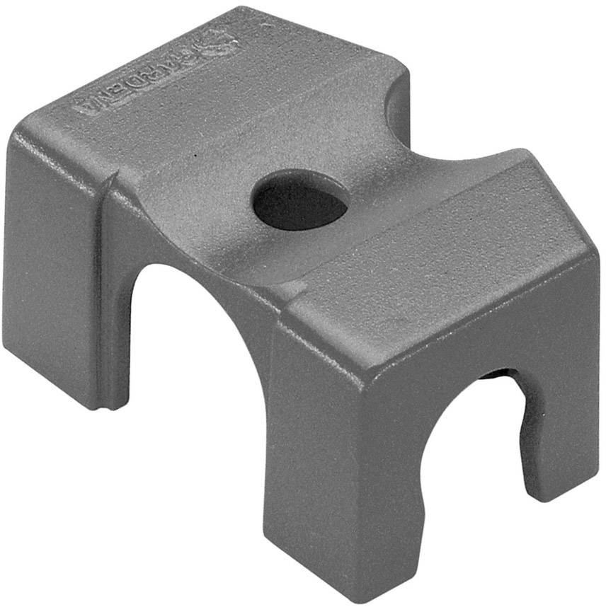 Elemento metallico verniciato in grigio, di forma rettangolare con un'apertura circolare al centro, utilizzato per il fissaggio o il collegamento di componenti.