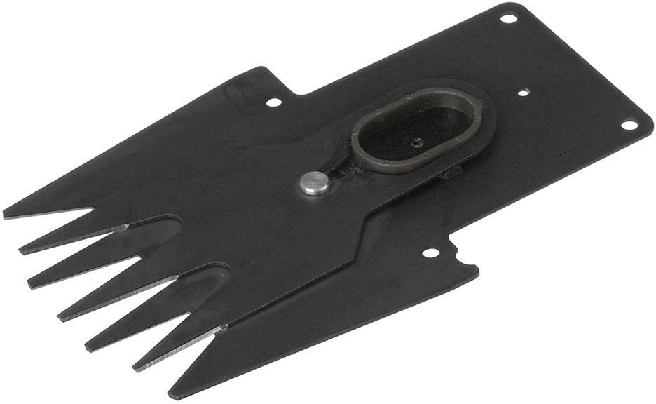 Lama di ricambio nero per tagliaerba a batteria, forma rettangolare piatta con sei denti sul lato sinistro, in metallo con foro di fissaggio.