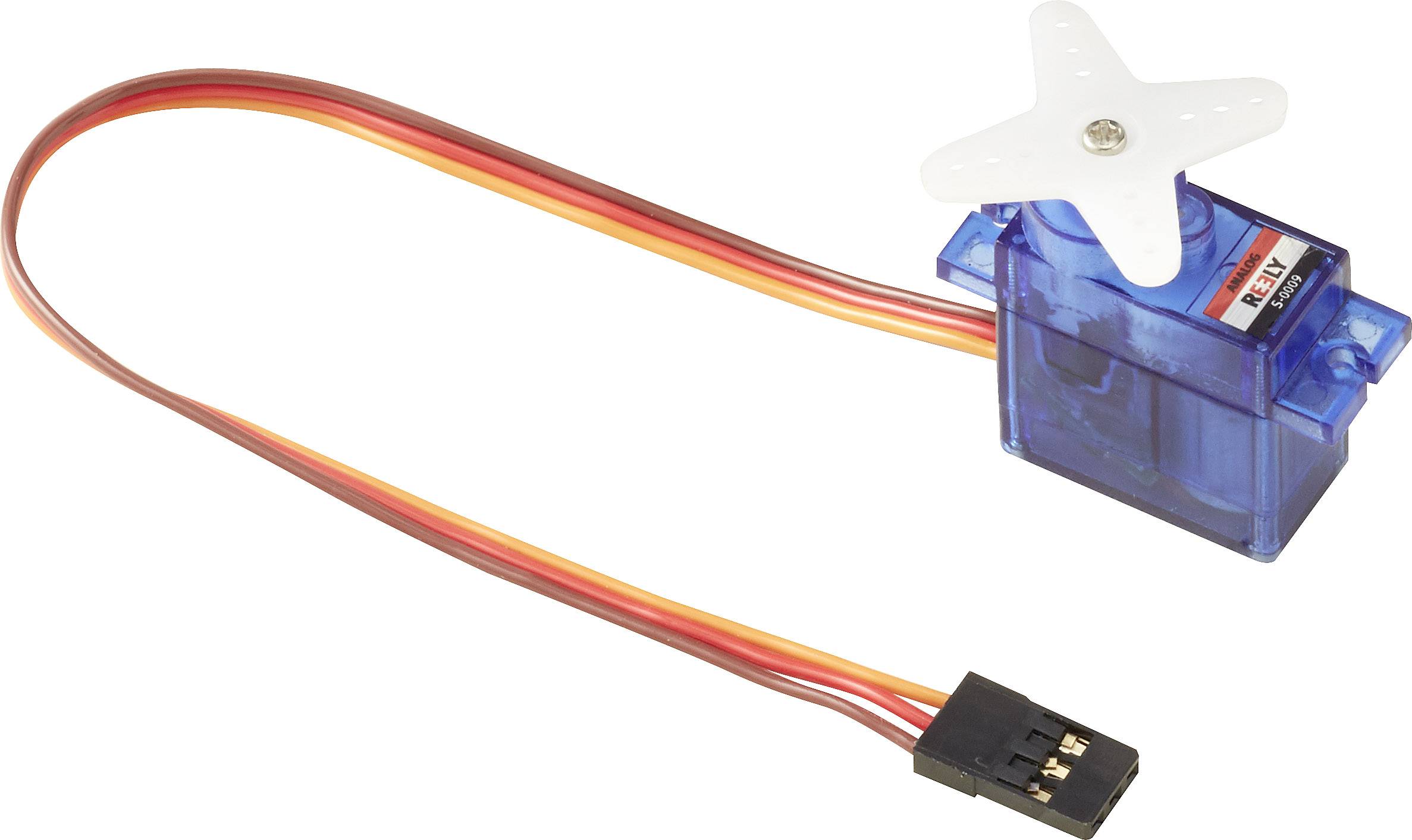 Piccolo servomotore blu con un corno di comando bianco e tre cavi di collegamento in rosso, marrone e arancione. Il motore ha un connettore nero.