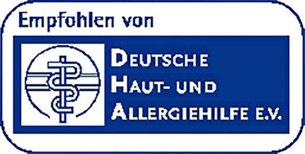 Logo dell'Associazione Tedesca per la Cura della Pelle e l'Assistenza Allergologica e.V., con la scritta 'Raccomandato da Deutsche Haut- und Allergiehilfe e.V.'