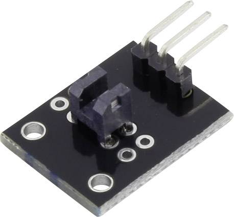 Un modulo per circuito stampato nero con tre pin metallici sporgenti e un involucro quadrato in plastica al centro.