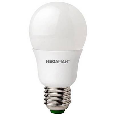 Lampadina LED con attacco a vite, contrassegnata con 'MEGAMAN'.