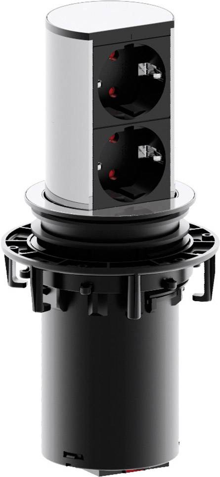 Presa elettrica a scomparsa cilindrica, con due posti di collegamento, design nero e argento, adatta per l'installazione su tavolo o in cucina.