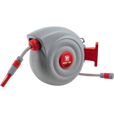 Avvolgitubo automatico grigio-rosso con tubo da giardino da 15 metri, supporto a parete e ugello a spruzzo.