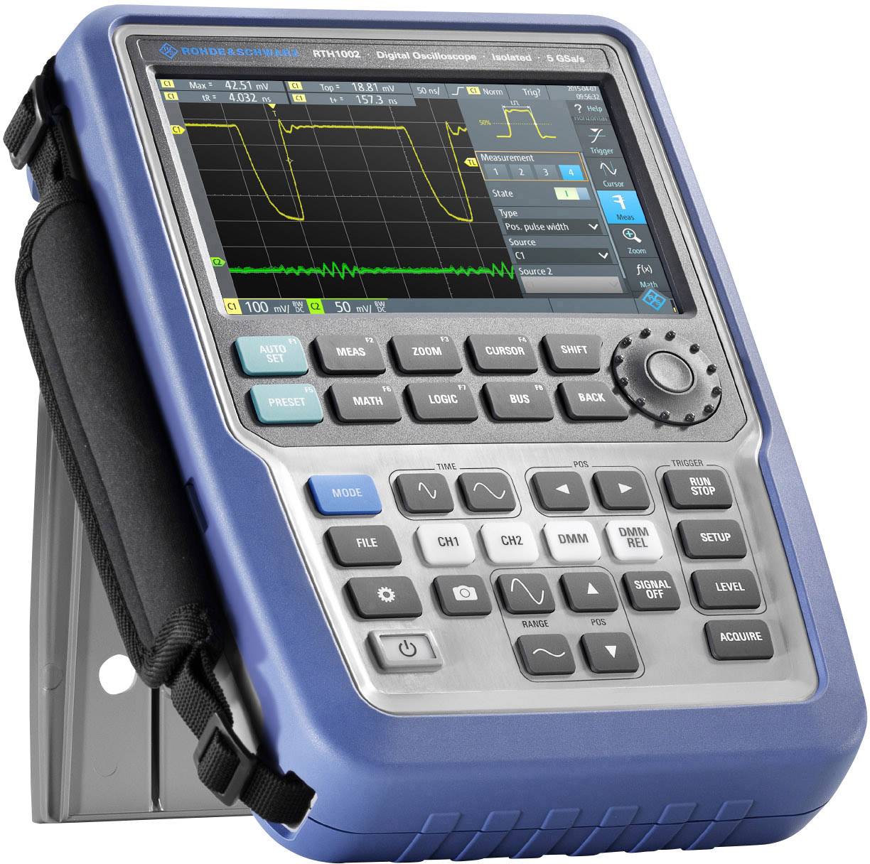 Oscilloscopio digitale portatile con display grande, tasti e manopola di regolazione. Mostra la forma d'onda di un segnale elettrico e i valori di misurazione.