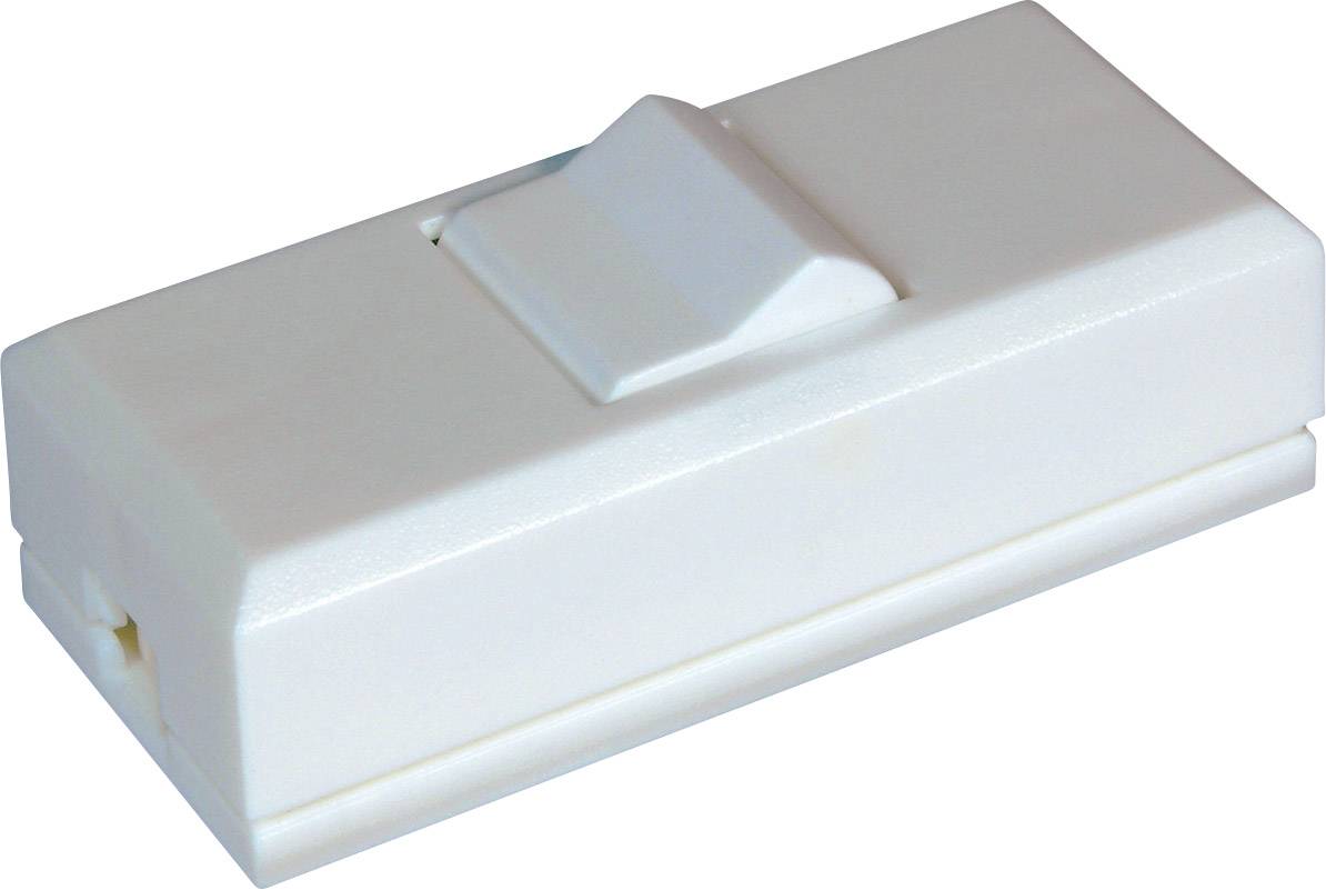 Un interruttore a bilico bianco su una base rettangolare, comunemente usato per controllare l'illuminazione o dispositivi elettrici.