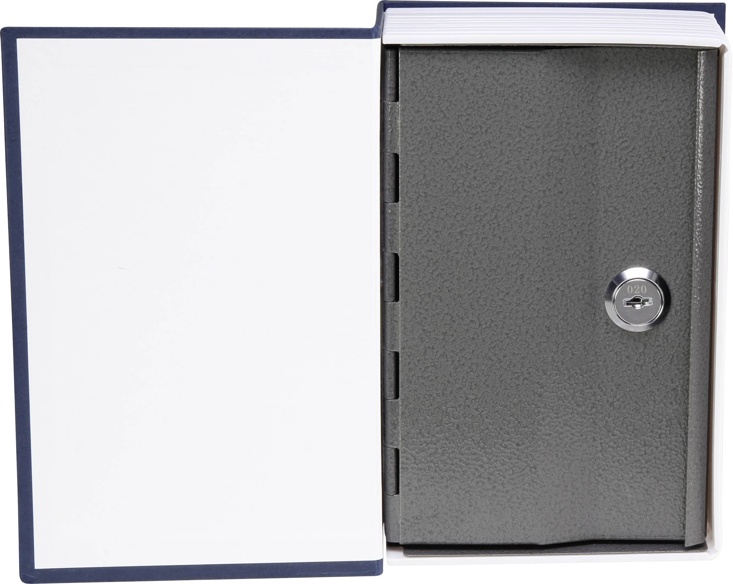 Un libro-cassaforte. Il libro è aperto e mostra un armadietto metallico grigio con serratura sul lato destro.