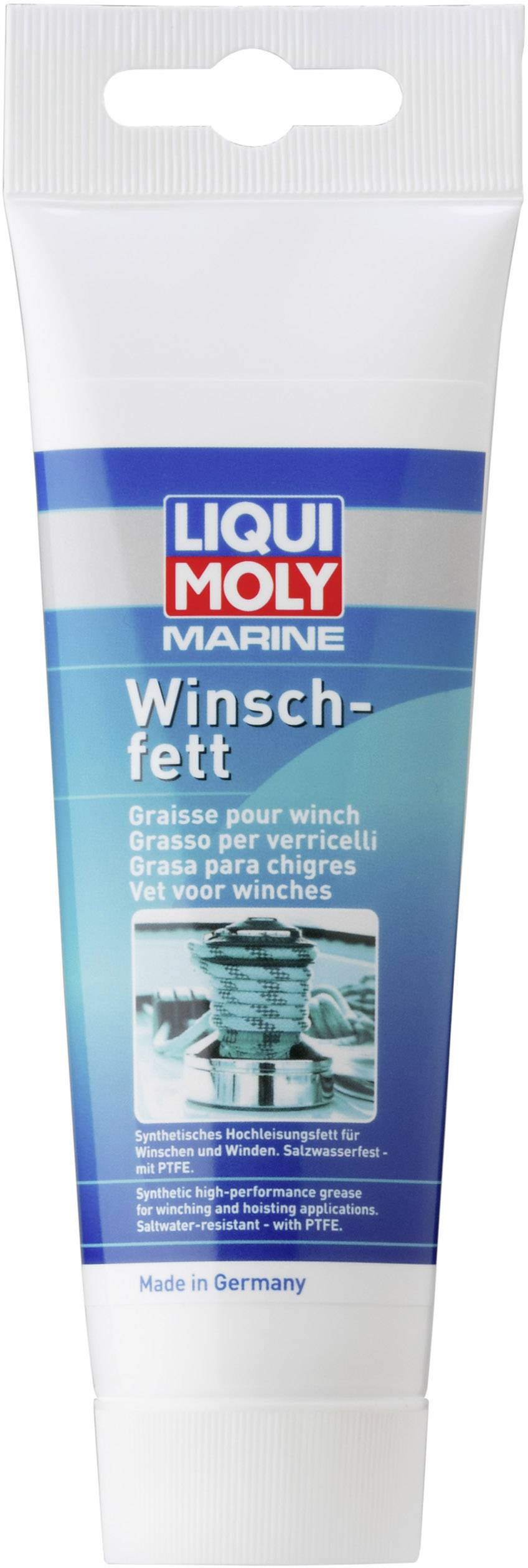 Un tubetto di grasso per verricelli Liqui Moly Marine, adatto per argani. Testo sulla confezione in più lingue. Prodotto in Germania.