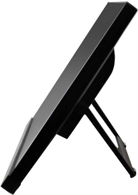 Vista laterale di un monitor nero su un supporto regolabile, leggermente inclinato all'indietro.