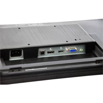 Retro di un monitor con porte: ingresso di alimentazione, USB, HDMI, VGA e porta audio.