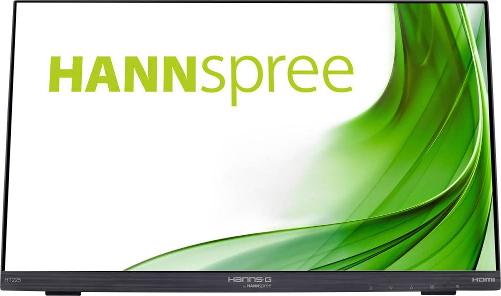 Lo schermo di un monitor Hannspree mostra il nome dell'azienda 'HANNspree' in verde su uno sfondo verde astratto.