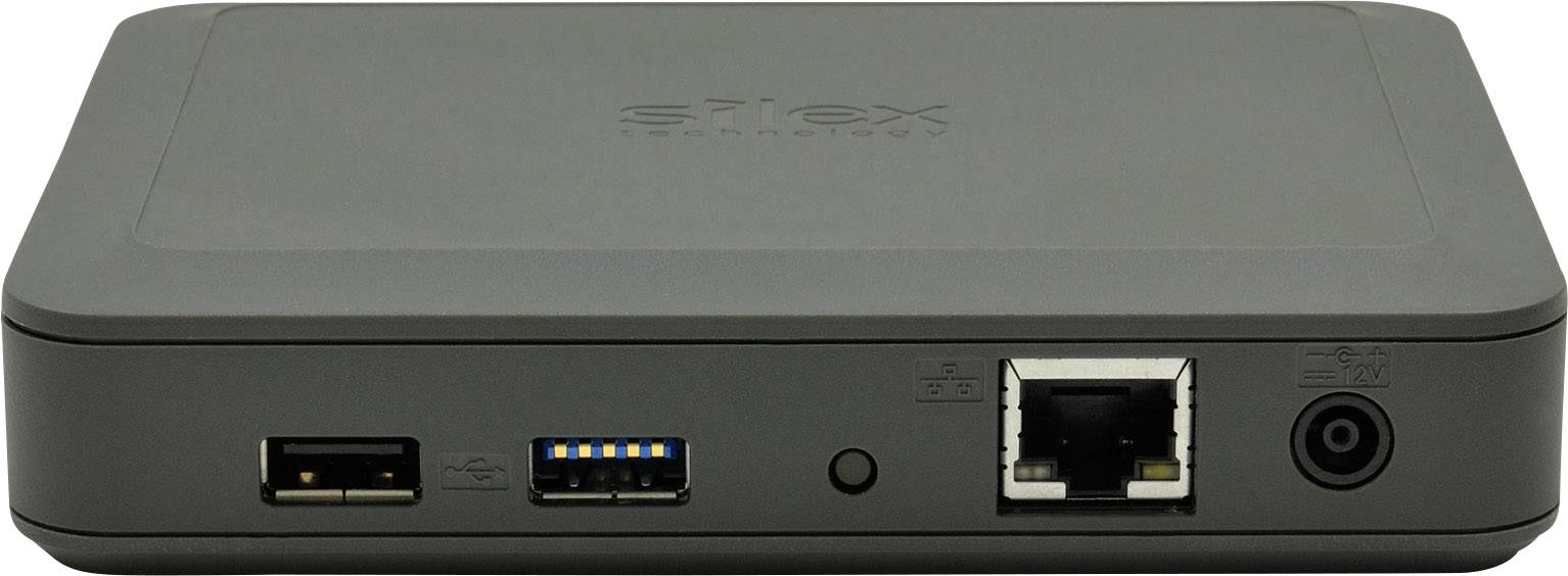 Un adattatore di rete nero con porte USB, porta Ethernet e connettore di alimentazione sul lato frontale, per connessioni di computer.