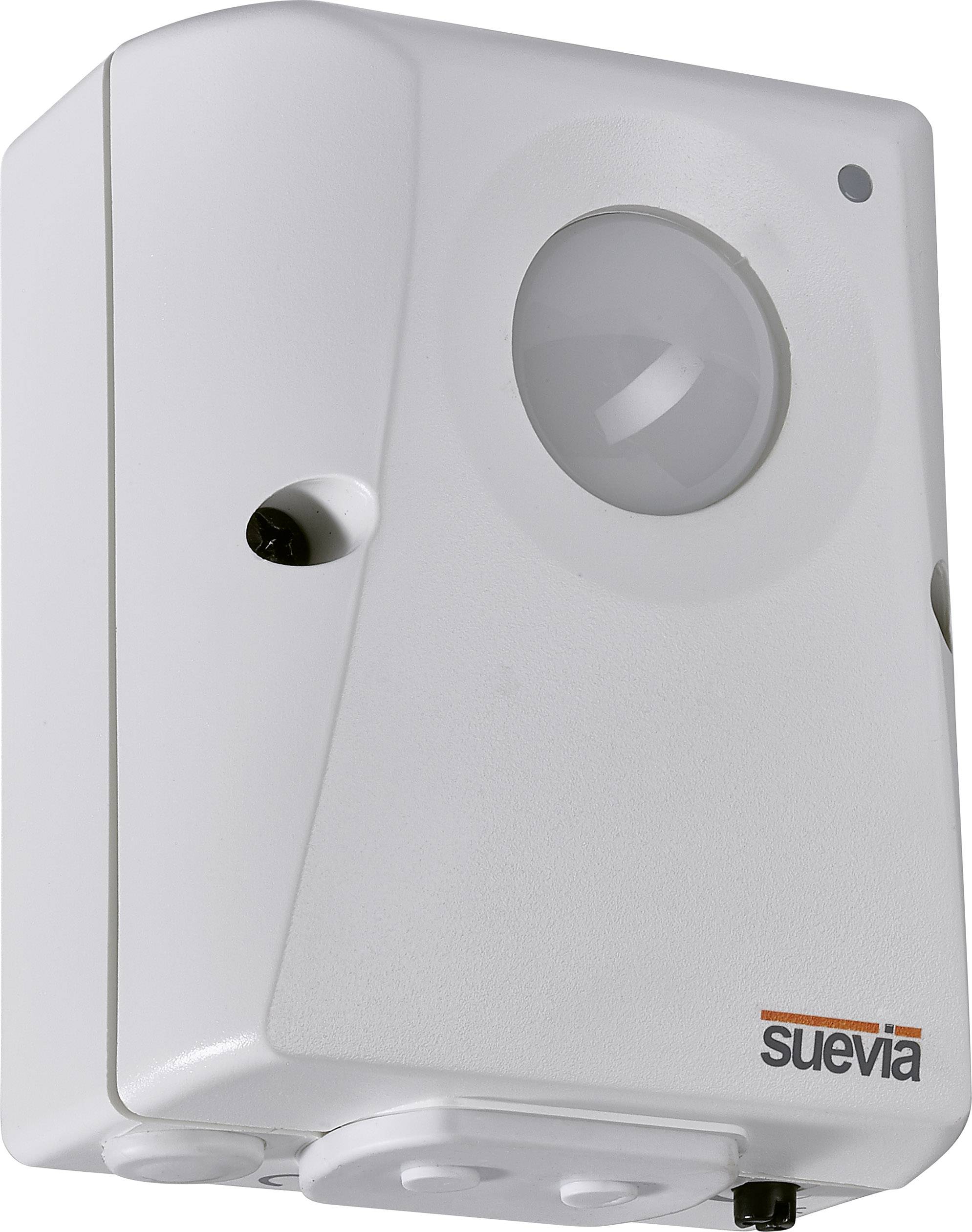Rilevatore di movimento bianco con sensore luminoso rotondo e piccolo punto nero in alto a destra, logo del produttore 'suevia' in basso a destra.