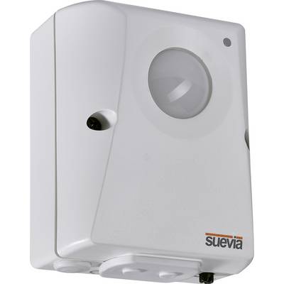 Rilevatore di movimento bianco con sensore luminoso rotondo e piccolo punto nero in alto a destra, logo del produttore 'suevia' in basso a destra.