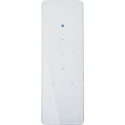 Telecomando bianco con LED blu e cinque tasti per il controllo direzionale.