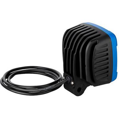 Un proiettore a LED nero con superficie zigrinata e cavo collegato, visto di lato.