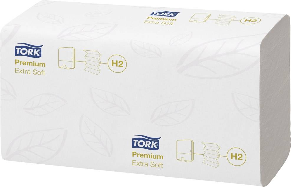 Una pila di asciugamani di carta Tork Premium Extra Soft con motivo a foglie e contrassegno 'H2'.