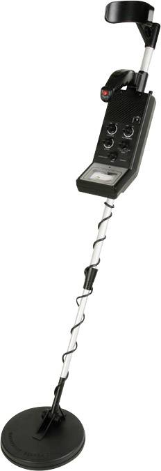 Un metal detector nero con asta telescopica e comandi, idoneo per la ricerca di oggetti metallici interrati.