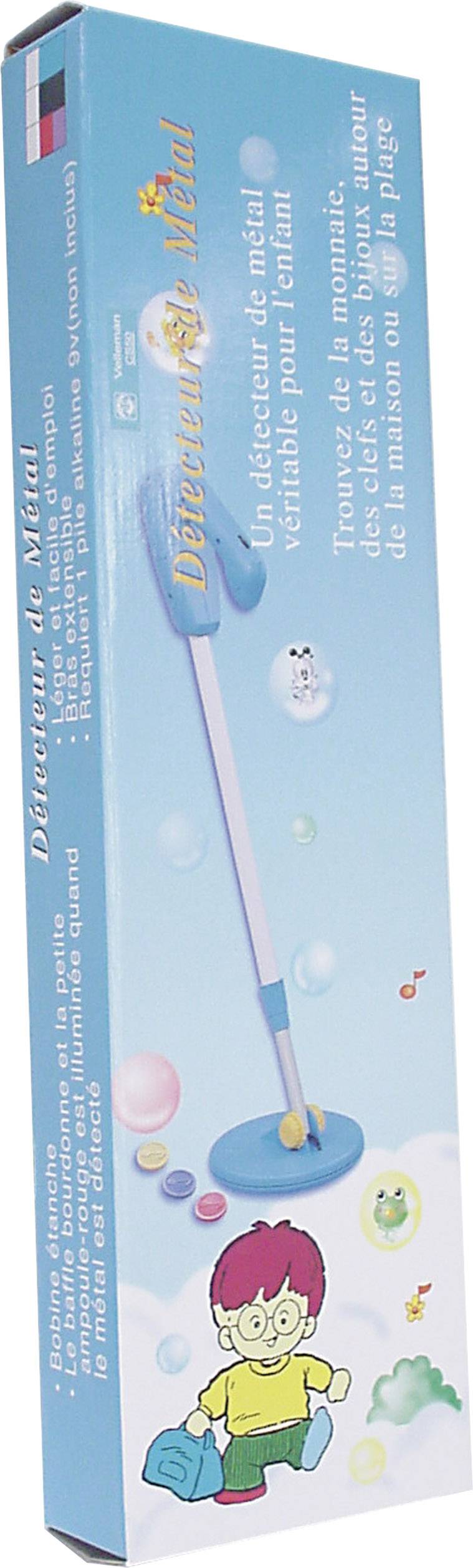 Confezione di un rivelatore di metalli blu per bambini, chiamato 'Détecteur de Métal'. Con immagini di monete e un bambino in stile cartone animato.