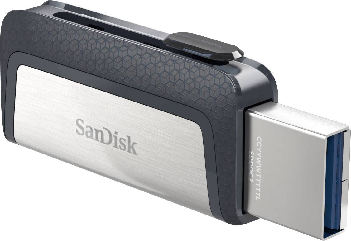 Chiavetta USB di SanDisk, in design metallizzato scuro, con connettore estratto e logo inciso. Capacità di archiviazione da 128 GB.