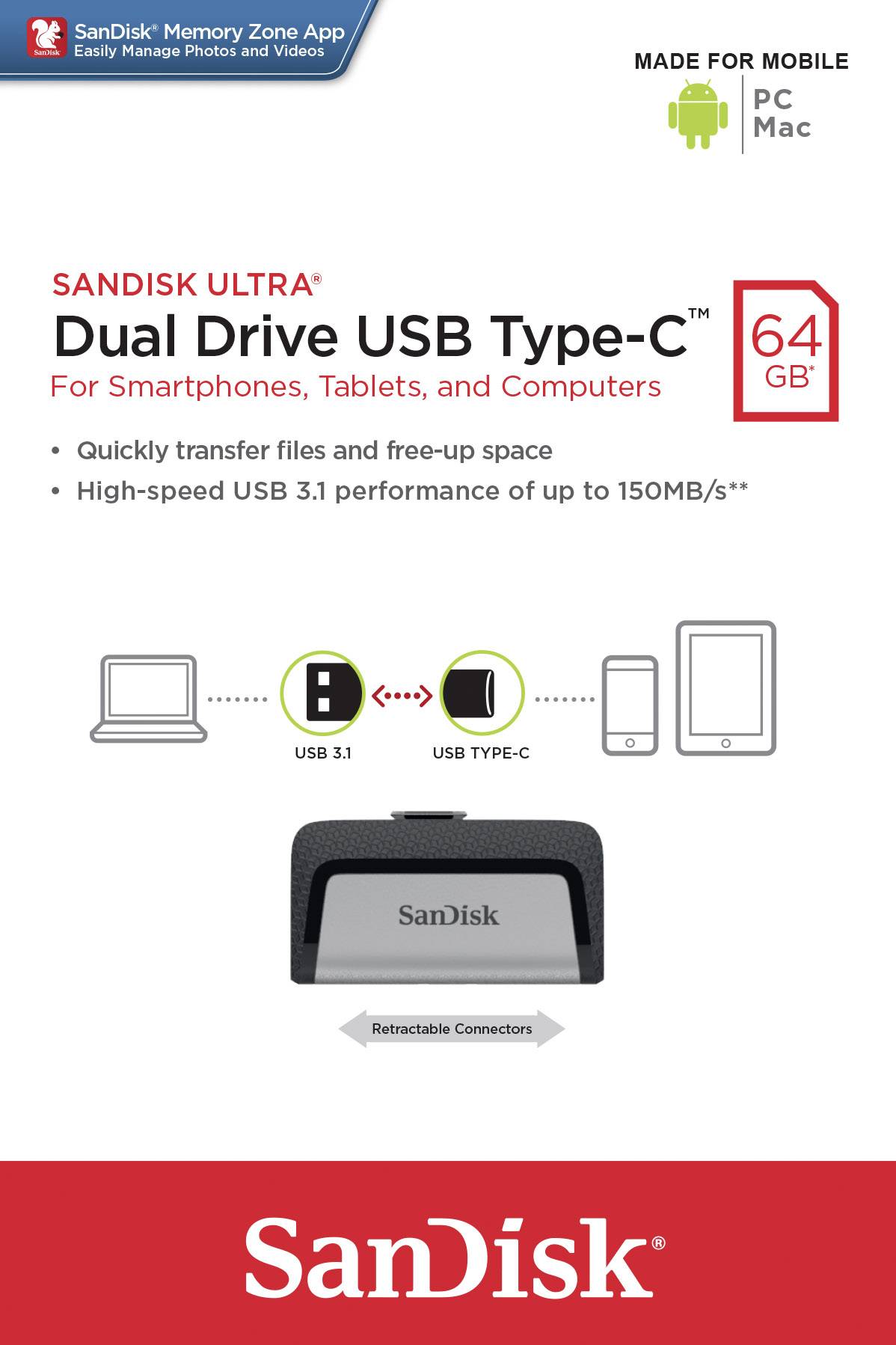 'SanDisk Ultra Dual Drive USB Type-C, 64GB. Per smartphone, tablet e computer. Trasferimento veloce e prestazioni USB 3.1.'
