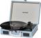 Giradischi portatile blu con coperchio aperto e disco in vinile poggiato, pronto per essere riprodotto.