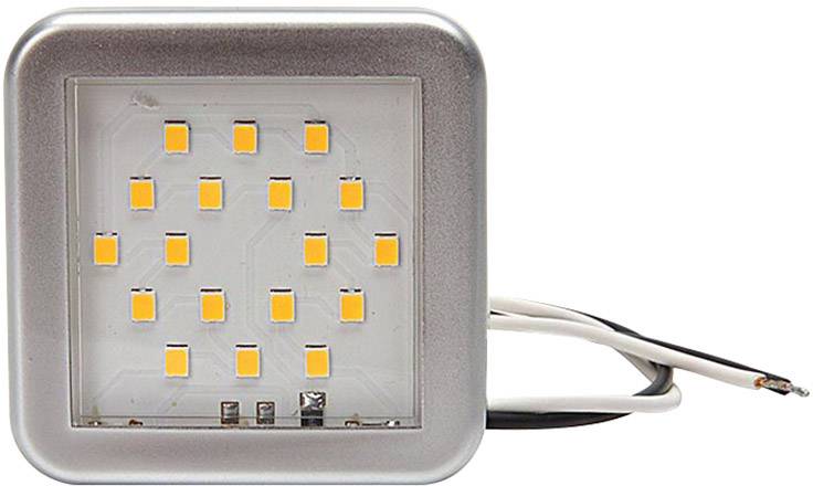Pannello luminoso LED quadrato con 16 LED gialli e cornice in metallo. Due cavi di alimentazione sono visibili.