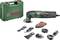Utensile multifunzione Bosch PMF 220 CE con valigetta verde, diversi accessori e fogli abrasivi per applicazioni versatili.