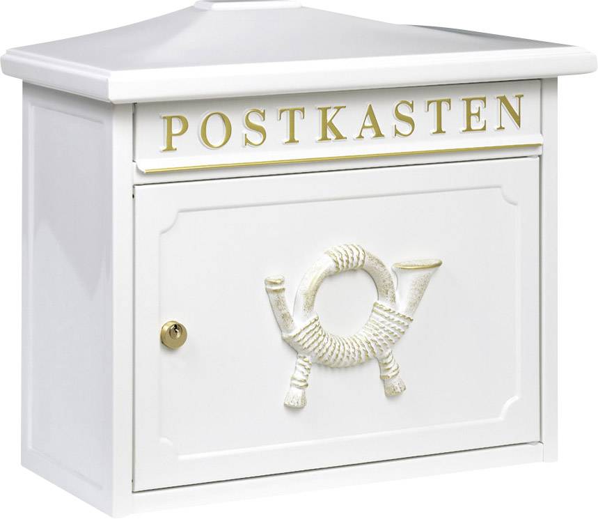 Un cassetta delle lettere bianca con la scritta 'POSTKASTEN' in caratteri dorati. Sul lato frontale è raffigurato un rilievo di un corno postale.