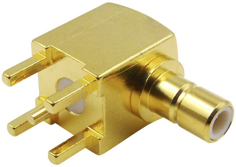 Connettore SMA dorato, a squadra, con tre pin posteriori e un attacco anteriore. Idoneo per applicazioni ad alta frequenza.