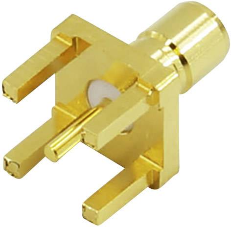 Un connettore coassiale dorato con base quadrata e quattro pin. Utilizzato per connessioni ad alta frequenza in dispositivi elettronici.