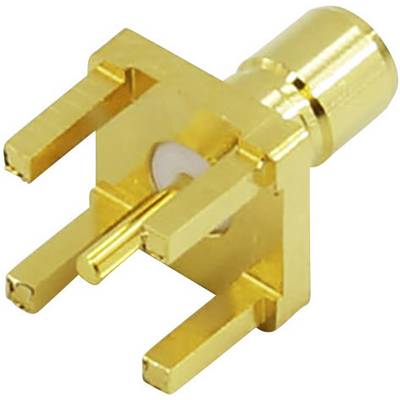 Un connettore coassiale dorato con base quadrata e quattro pin. Utilizzato per connessioni ad alta frequenza in dispositivi elettronici.