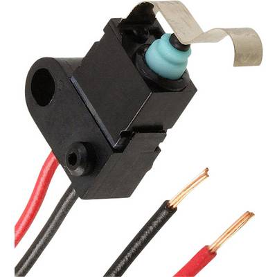 Interruttore di fine corsa nero con cavo rosso e nero, leva metallica con fermo in gomma blu, utilizzato in applicazioni elettroniche.
