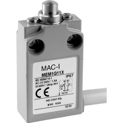 Interruttore di posizione grigio con pulsante e cavo, con scritta 'MAC-I MEM1G11x', marchio CE, grado di protezione IP67, specifiche elettriche IEC 60947-5-1.