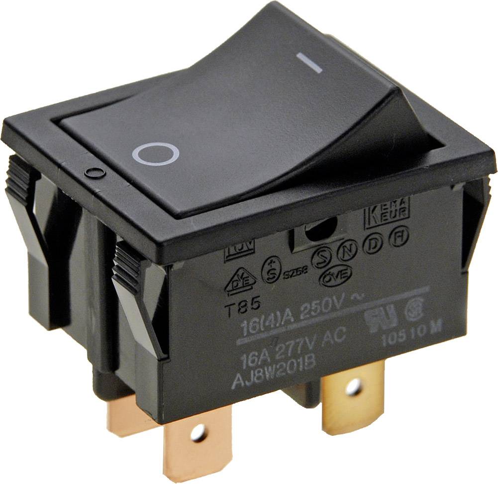 'Interruttore a levetta nero con simbolo On/Off, adatto per 16A e 250V.'