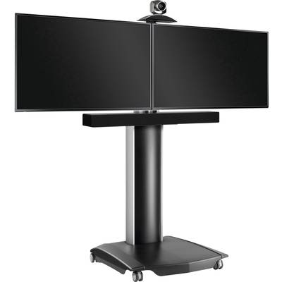 Due schermi neri affiancati montati su un supporto mobile con una telecamera posizionata in alto, idonei per sistemi di videoconferenza.