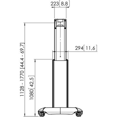 Disegno tecnico di un supporto regolabile in altezza con quote in millimetri. Ruote nella parte inferiore, funzione telescopica nella parte superiore.
