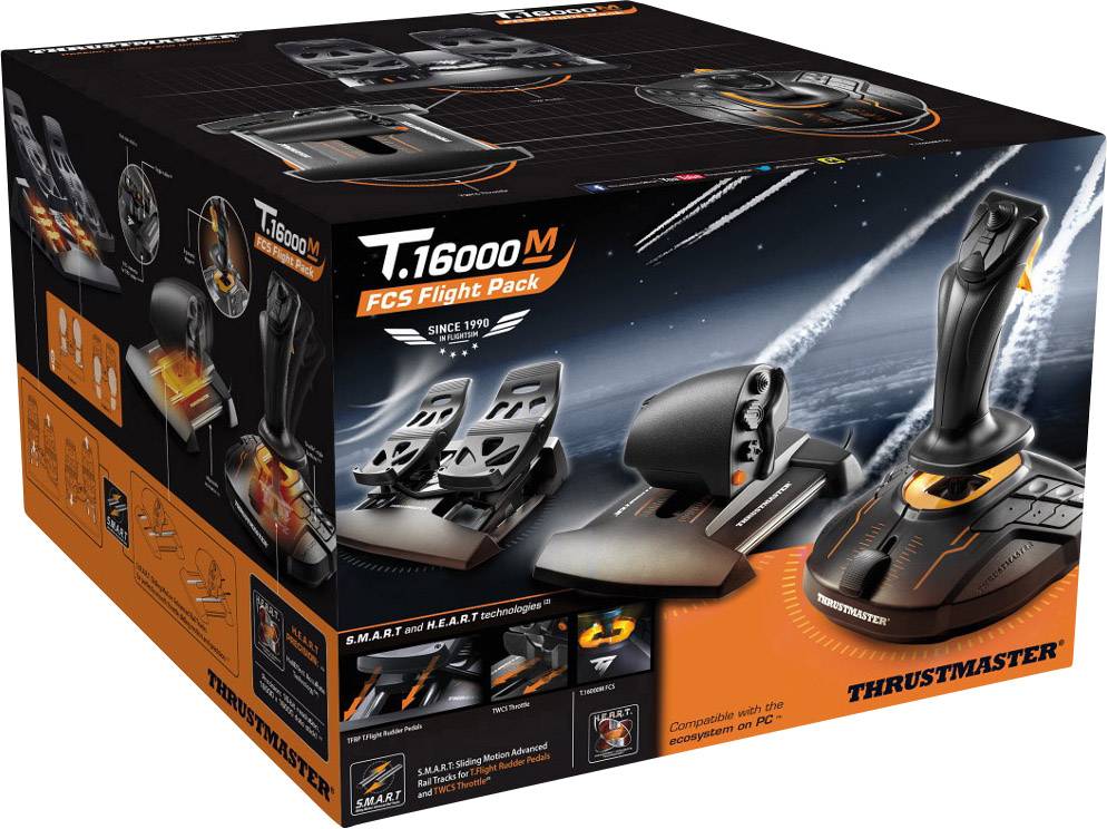 Confezione Thrustmaster T.16000M FCS Flight Pack con joystick, leva del gas e pedali di direzione per un controllo realistico dei simulatori di volo.
