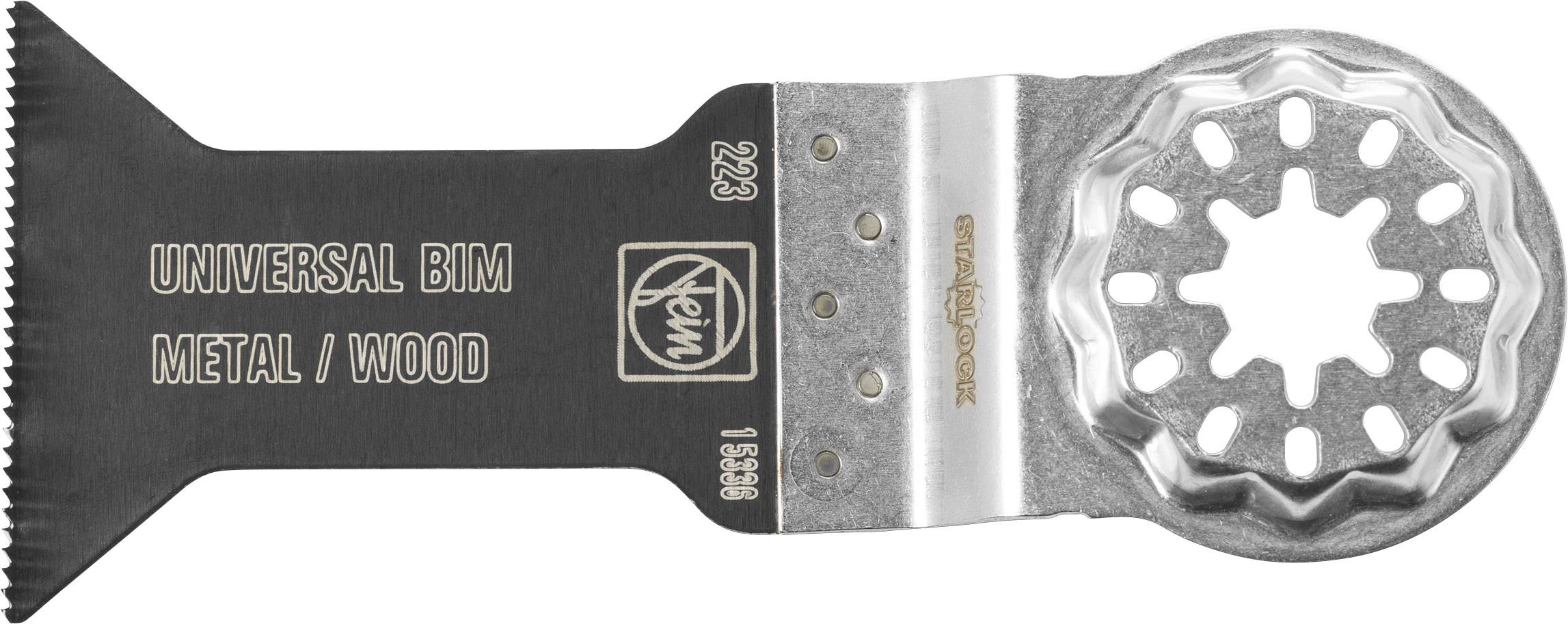 Lama oscillante con la scritta 'Universal BIM Metal/Wood'. Ha un bordo dentellato e un fissaggio a stella. Adatto per metallo e legno.