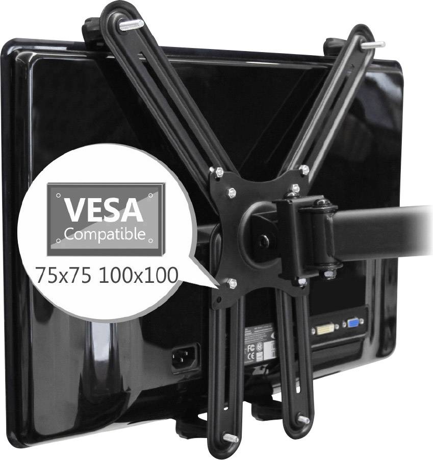 Retro di un monitor con supporto a parete VESA. Un simbolo mostra 'VESA Compatible 75x75 100x100', che illustra la compatibilità.