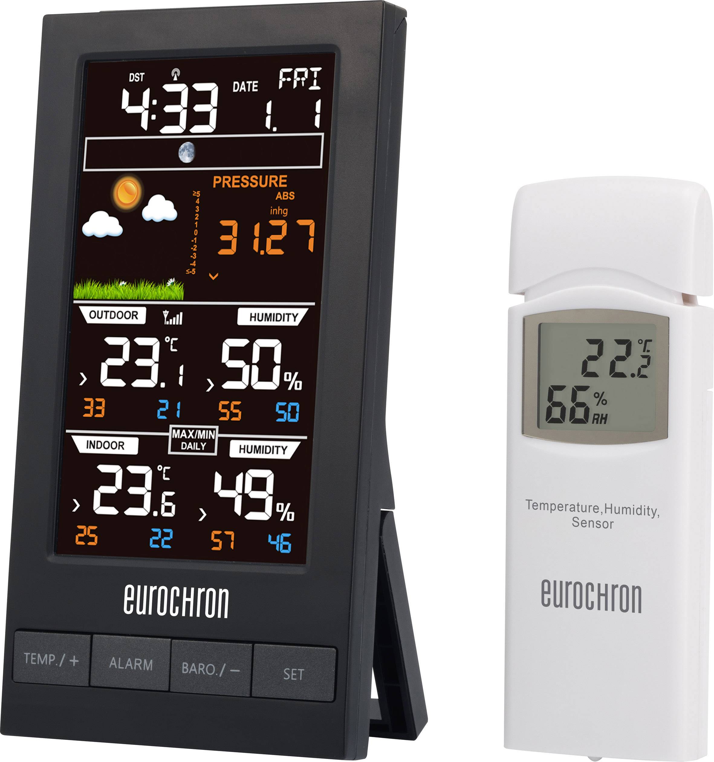Stazione meteorologica elettronica con display a colori che mostra ora, data, temperatura interna 23,6°C, umidità 50%, sensore esterno a 22,2°C, umidità 66%, nonché pressione atmosferica 3127 hPa.