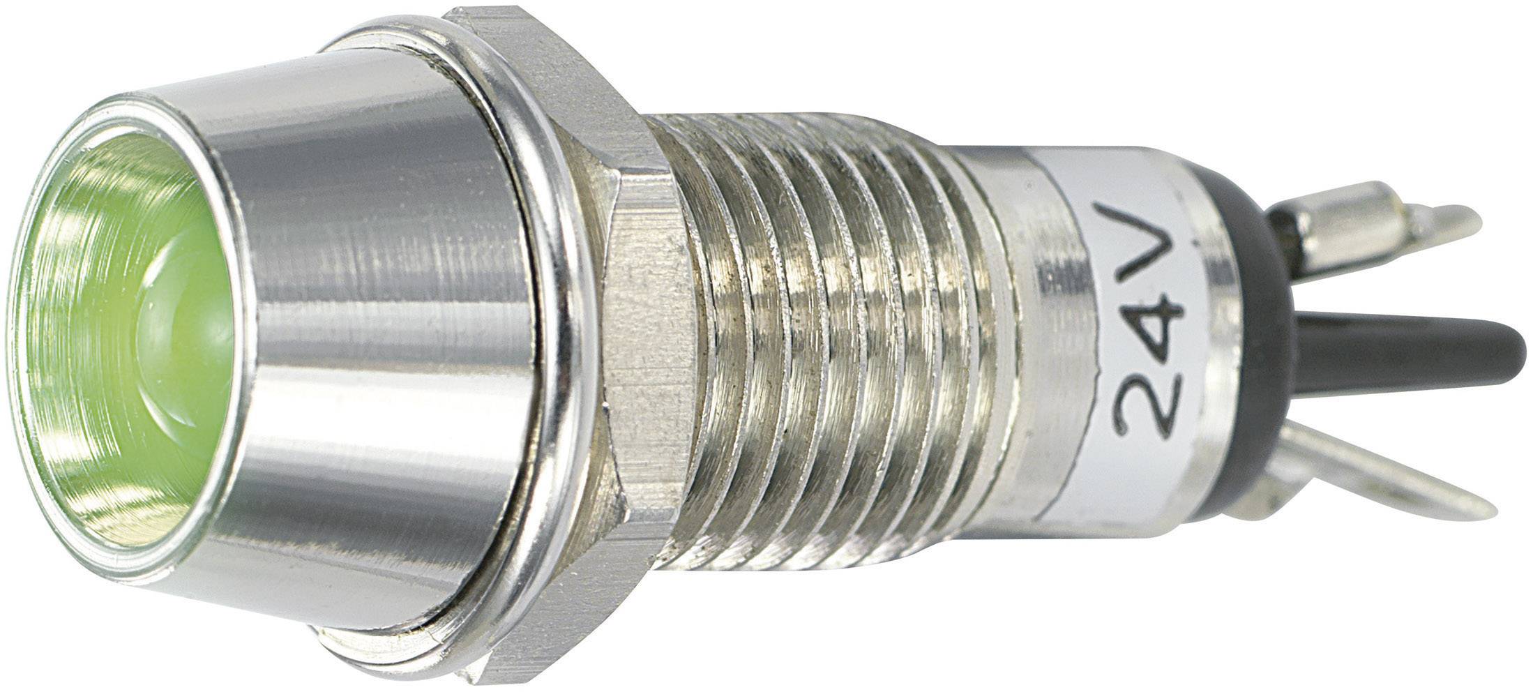 Indicatore LED metallico con luce verde e marcatura 24V. Adatto per applicazioni elettroniche di indicazione dello stato.