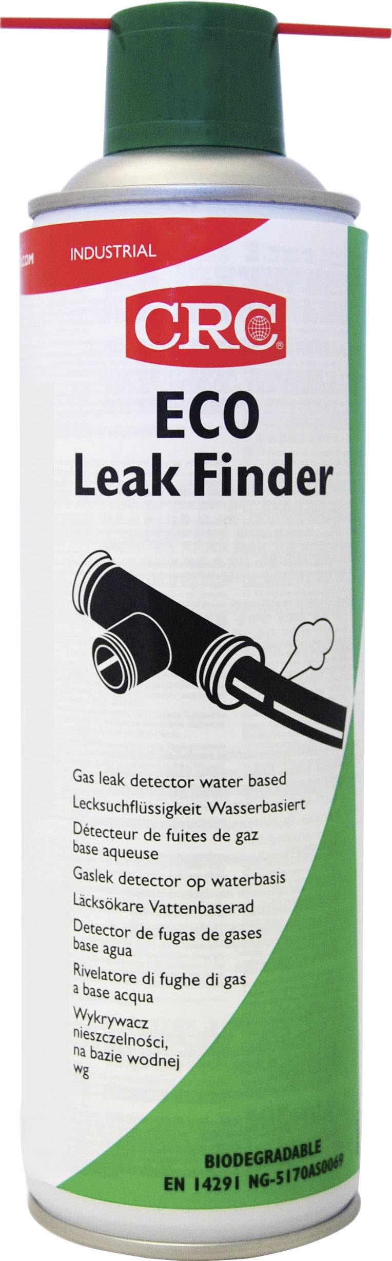 Flacone spray 'CRC ECO Leak Finder' per rilevare perdite di gas; a base acquosa e biodegradabile.