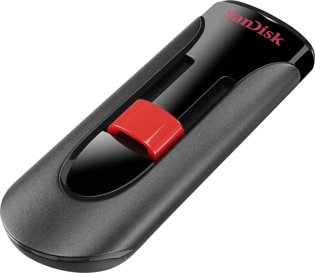 Chiavetta USB nera con copertura scorrevole rossa, con il nome del marchio 'SanDisk' stampato.