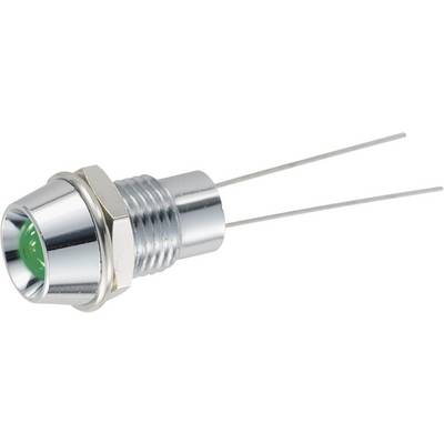 Un indicatore LED verde con custodia in metallo e due fili di connessione. Adatto per applicazioni elettroniche di indicazione di stato.