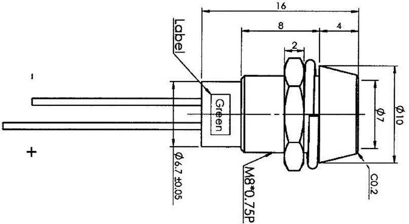 Diagramma di un LED con misure tecniche: diametro 10 mm, lunghezza 16 mm, filettatura M8x0,75P, etichetta colorata 'Verde', distanze dei pin mostrate.