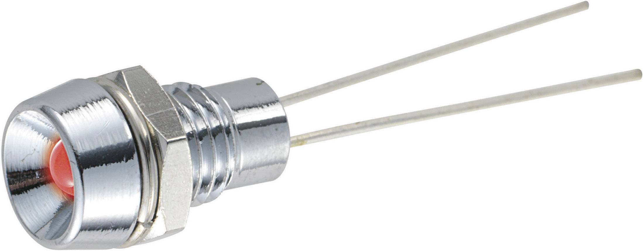 Un LED rosso in un involucro metallico, con due fili conduttori che sporgono dalla parte posteriore.
