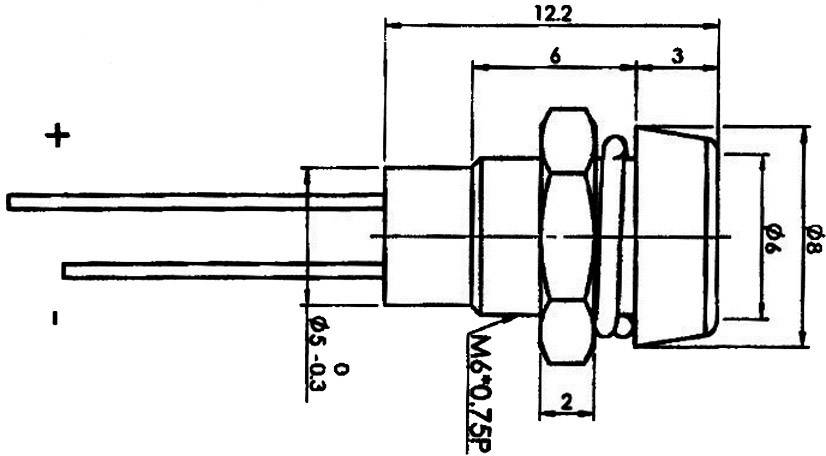 Disegno tecnico di un componente elettrico con dimensioni, che mostra i connettori dei fili e il fissaggio a vite. Vista frontale.